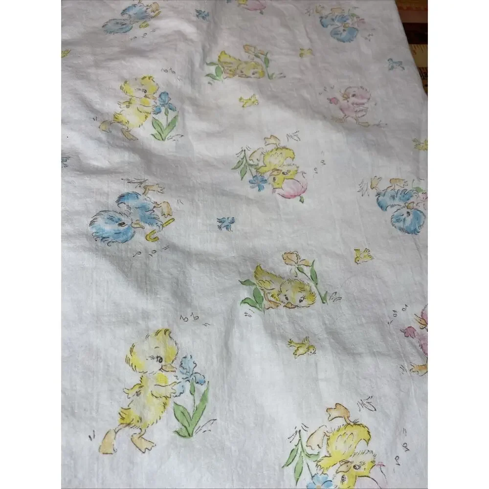 Vtg 70s Crib Sheet Yellow Bear Bunny Cats Bears Baby Retro Kitschy 3 Pcs Fabric